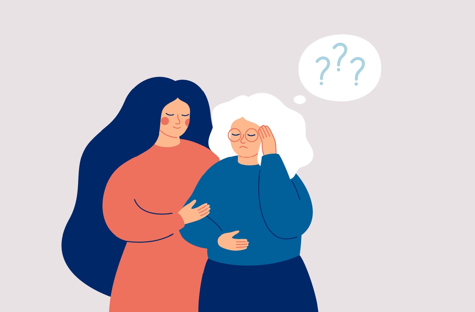 Illustrated image of a young woman supporting an older woman with memory loss.