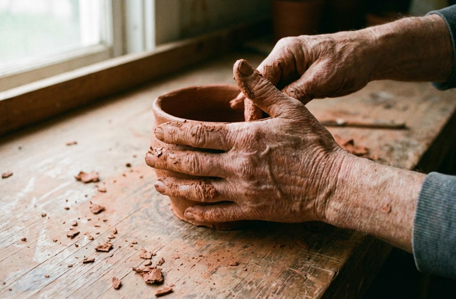 Close-up of older hands shaping terracotta clay on a wooden table illuminated by soft natural light.