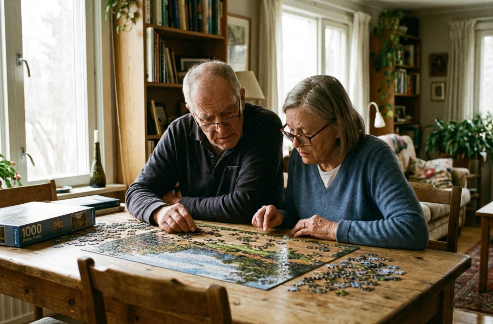 Two older adults sitting at a wooden table assembling a jigsaw puzzle near a bright window.